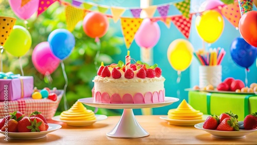 Festive Decorated Birthday Party with Strawberry Cake in Tilt-Shift Photography Style for Celebration, Fun, Party Decorations, Delicious Treats, and Joyful Atmosphere