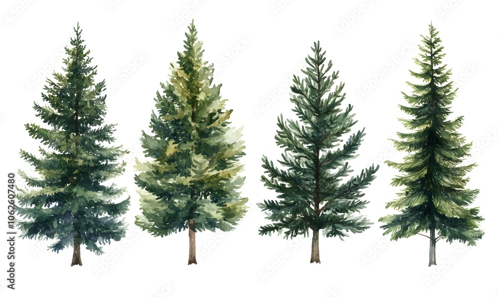 Fototapeta premium Watercolor set of pine trees, Generative AI 