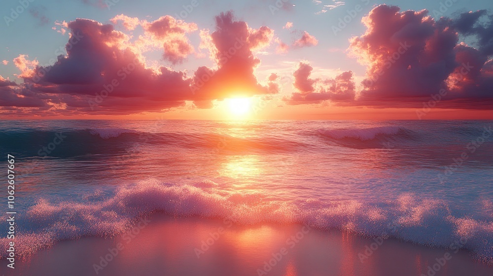 Serene sunset over tranquil ocean waves with colorful clouds. Serene sunset over tranquil ocean waves with colorful clouds.