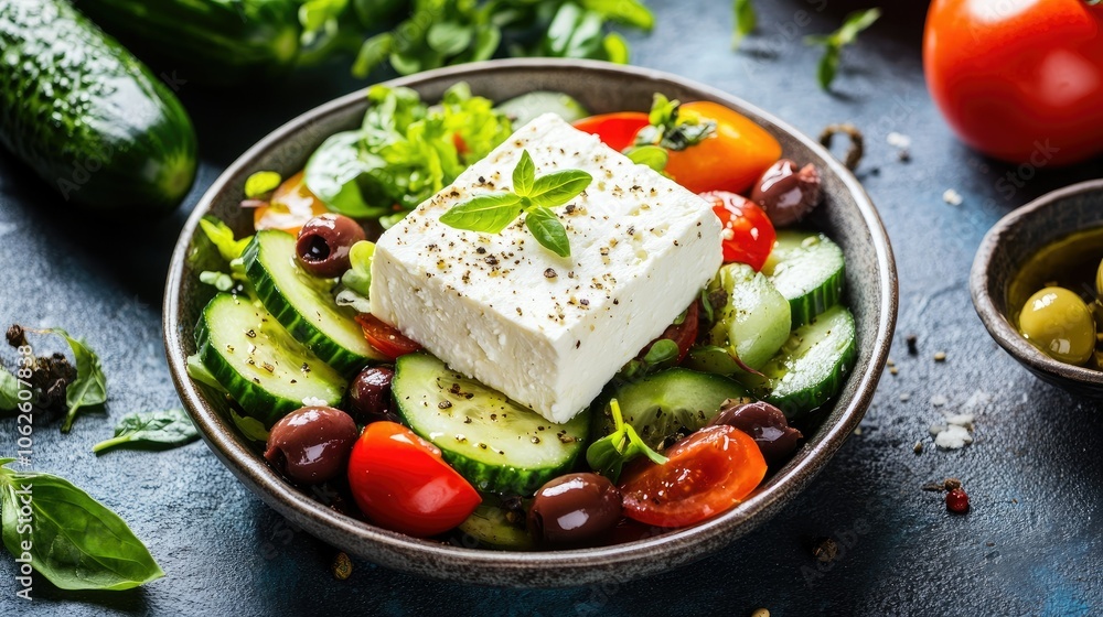 A block of feta cheese crumbled over a Greek salad, with fresh cucumbers, olives, and tomatoes adding vibrant colors. A block of feta cheese crumbled over a Greek salad, with fresh cucumbers, olives, and tomatoes adding vibrant colors.