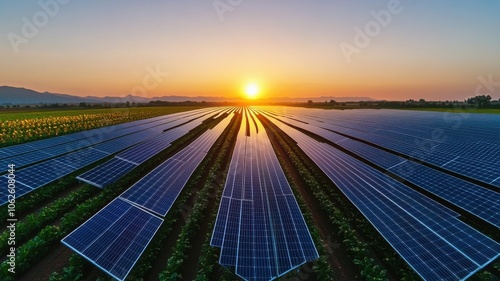 Wallpaper Mural A stunning sunset over solar panels, showcasing sustainable energy solutions and vibrant agricultural fields in harmony. Torontodigital.ca