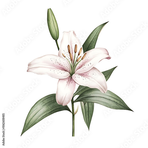 Elegant lily flower watercolor illustration on a white background, perfect for floral designs, invitations, and botanical projects.