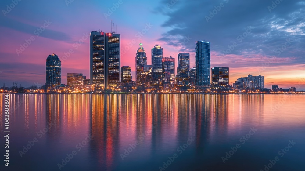 Fototapeta premium A city skyline at dusk, the lights of skyscrapers reflecting on a calm river.