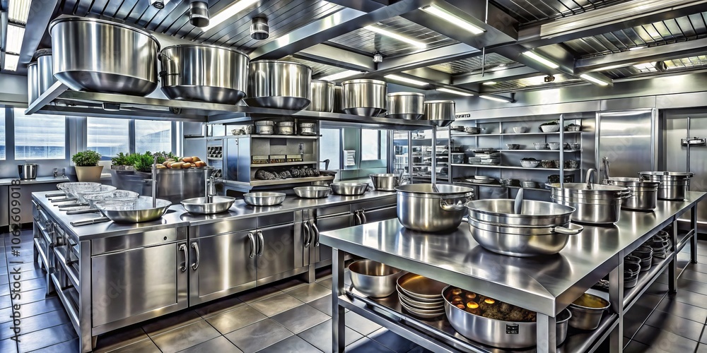 Fototapeta premium Industrial Kitchen with Metal Containers: Panoramic View of Modern Culinary Space Featuring Stainless Steel, Pots, Pans, Utensils, Equipment, and Cooking Tools in a Professional Setting