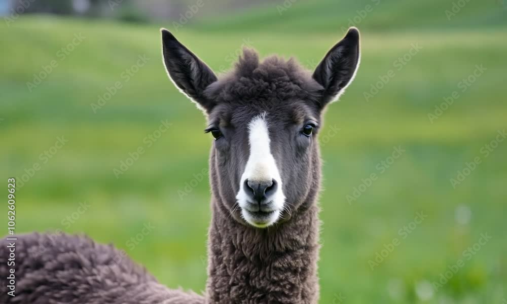 Medium Shot of Striking Black and White Llama in Lush Green Pasture Medium Shot of Striking Black and White Llama in Lush Green Pasture
