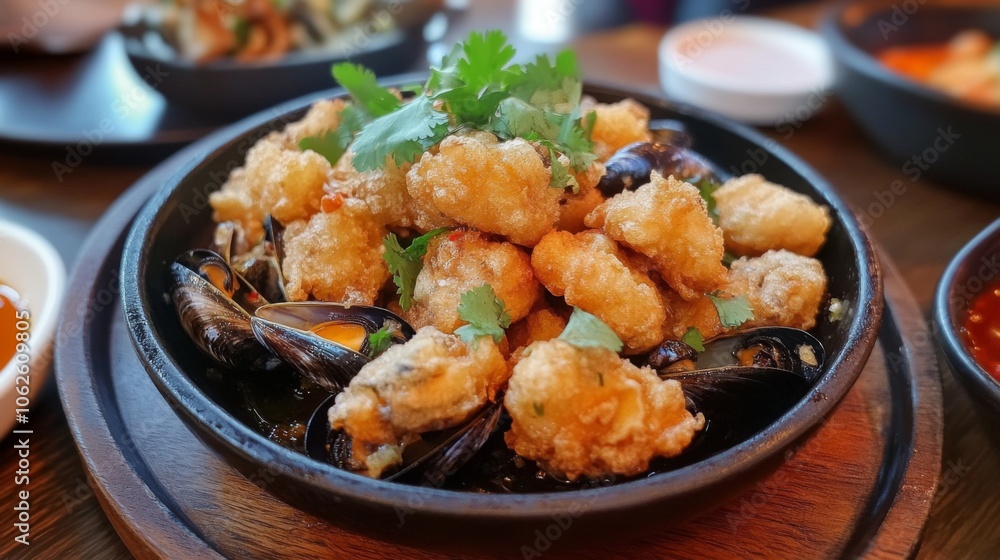 Crispy Seafood Dish on a Rustic Wooden Plate Crispy Seafood Dish on a Rustic Wooden Plate