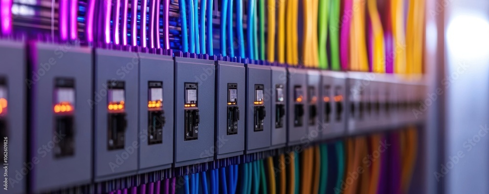 A vibrant close-up of server cables and connectors, showcasing technology and data connectivity in a modern data center. A vibrant close-up of server cables and connectors, showcasing technology and data connectivity in a modern data center.