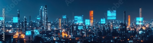 A vibrant cityscape showcasing illuminated skyscrapers with digital screens at night, reflecting modern urban life and technology.