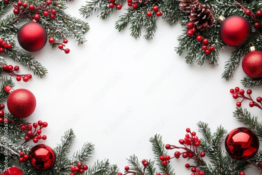 Christmas border with red ornaments and fir branches on a white background, close-up detail of festive holiday decoration. Christmas border with red ornaments and fir branches on a white background, close-up detail of festive holiday decoration.