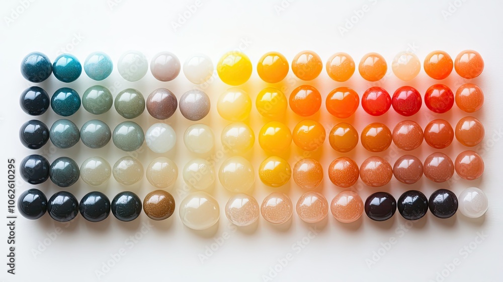 A collection of small, spherical beads, arranged in a gradient of colors from dark to light, on a white background. A collection of small, spherical beads, arranged in a gradient of colors from dark to light, on a white background.