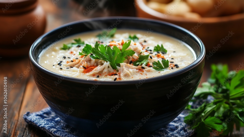 Warm Bowl of Soup with Fresh Garnish Warm Bowl of Soup with Fresh Garnish