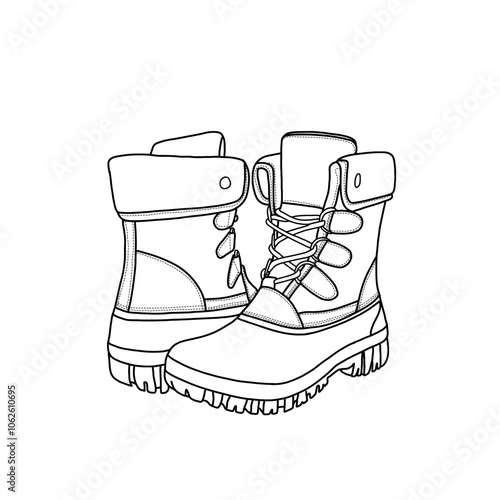 Women's waterproof winter shoes anti-slip warm booties snow boots hiking outdoor vector icon line art. An editable vector design of winter shoes. Footwear isolated on a white background.