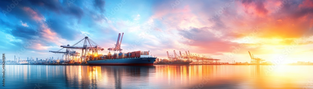 A vibrant sunset over a busy shipping port with cranes and cargo ships, casting reflections on the calm water. A vibrant sunset over a busy shipping port with cranes and cargo ships, casting reflections on the calm water.