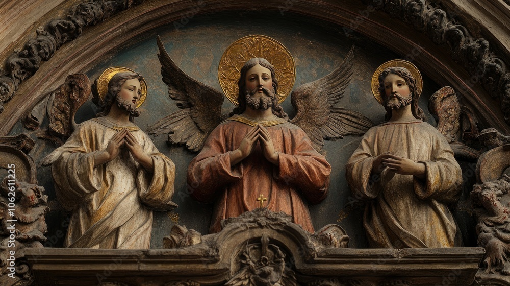 A detailed fresco of the Holy Trinity in an old stone church, with ornate religious iconography surrounding it A detailed fresco of the Holy Trinity in an old stone church, with ornate religious iconography surrounding it