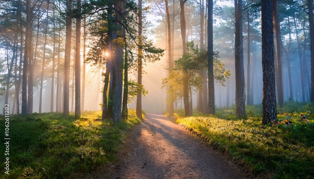 Fototapeta premium Serene Morning Walk in Foggy Woods