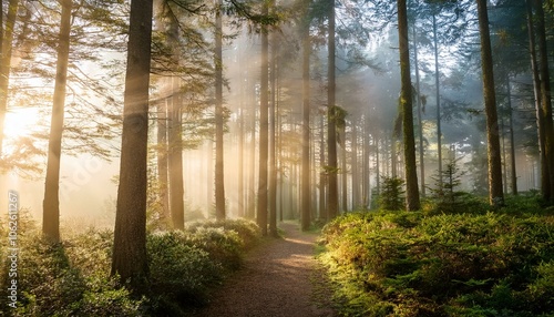 Mystical Forest Path with Morning Mist