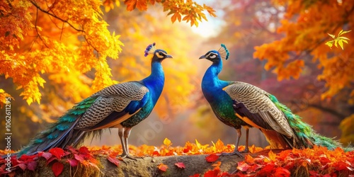 Majestic peacocks flaunt their vibrant feathers among autumn leaves, creating a serene park scene that captures the essence of nature's beauty in portrait photography.