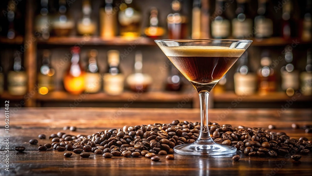 Wide-Angle Martini Espresso in bar setting with coffee beans below Wide-Angle Martini Espresso in bar setting with coffee beans below