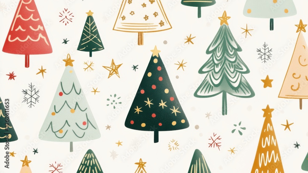 A whimsical pattern of colorful Christmas trees with stars, perfect for festive designs and holiday-themed projects. A whimsical pattern of colorful Christmas trees with stars, perfect for festive designs and holiday-themed projects.