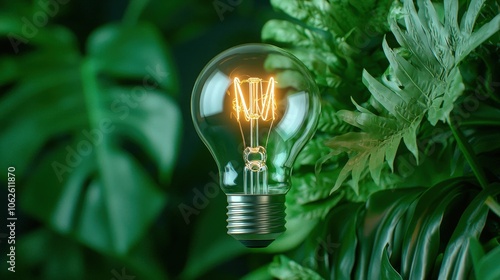 Green Energy Concept Lightbulb and Tropical Leaves