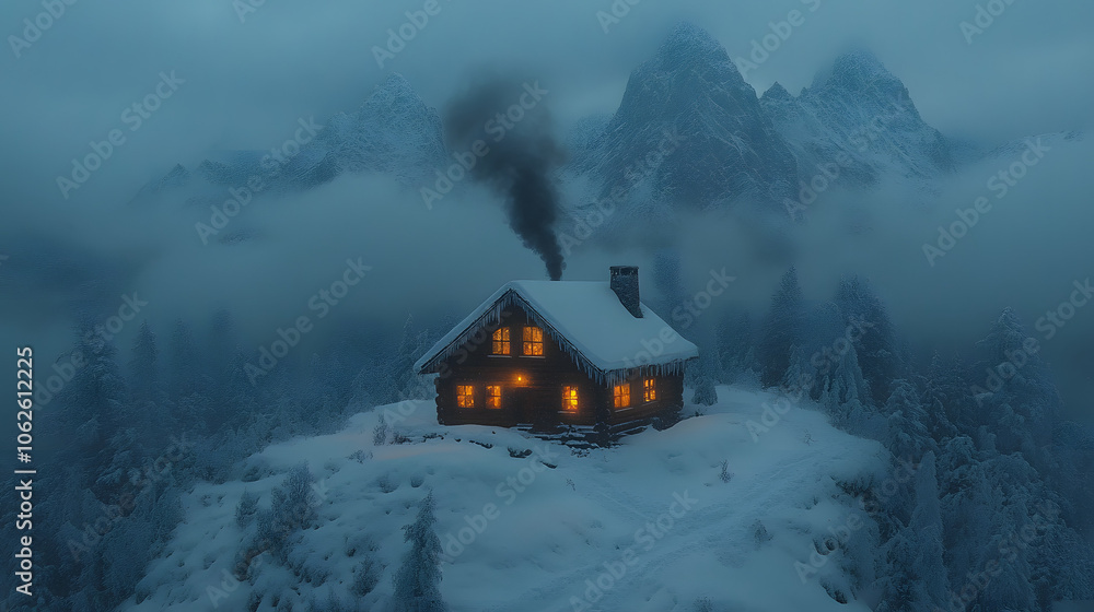 Cozy Snowy Mountain Cabin with Smoke Rising from Chimney, Surrounded by Snow-Covered Trees and a Peaceful Winter Landscape
Cozy Snowy Mountain Cabin with Smoke Rising from Chimney, Surrounded by Snow-Covered Trees and a Peaceful Winter Landscape