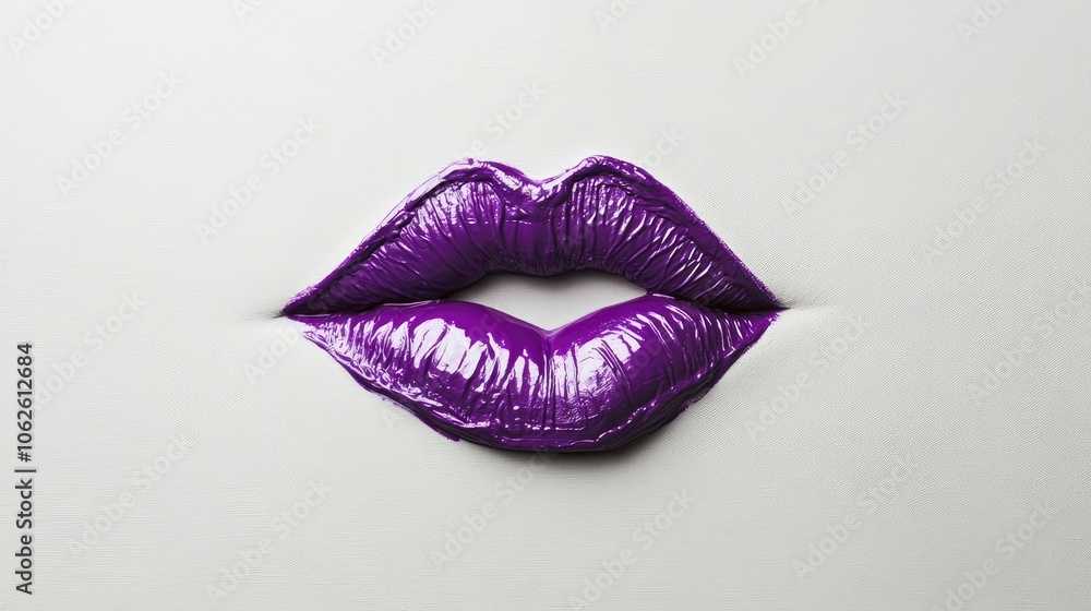 Obraz premium A kiss mark in bold purple lipstick on a minimalist light gray background, exuding a sense of playfulness and style.