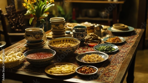 Vibrant Dining Table Set with Colorful Bowls and Food