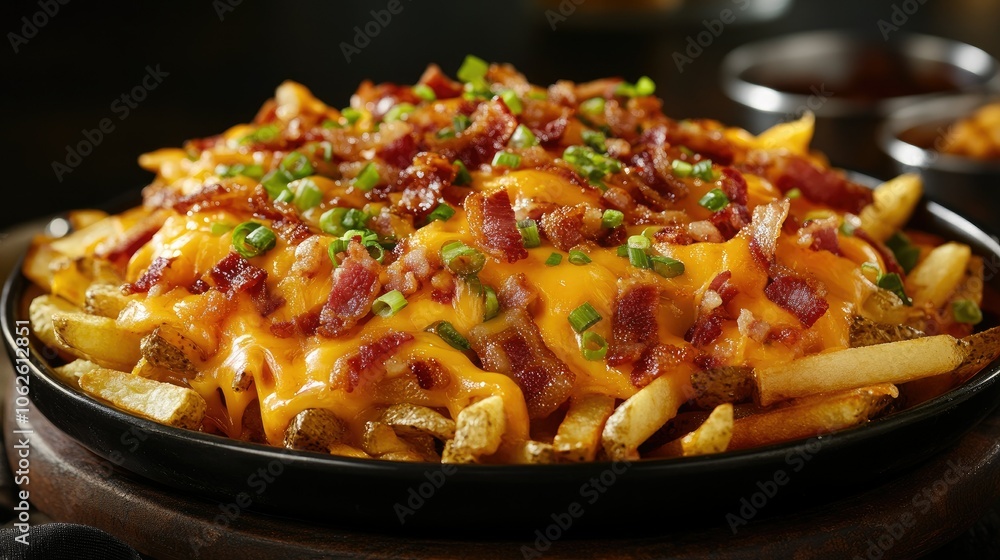 A large plate of loaded French fries topped with melted cheese, bacon bits, and green onions, served in a casual dining setting. A large plate of loaded French fries topped with melted cheese, bacon bits, and green onions, served in a casual dining setting.