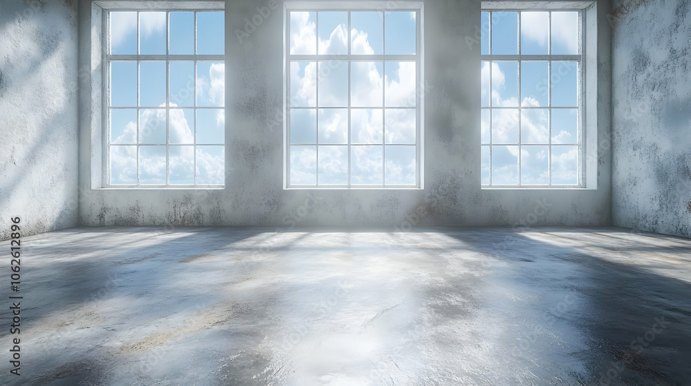 Empty Room with Three Windows and Sky View - Abstract Background Empty Room with Three Windows and Sky View - Abstract Background