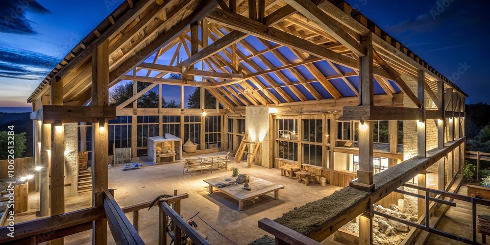 Fototapeta premium Night Photography of a Timber Frame House Under Construction in the UK with Exposed Beams and Soft Ambient Lighting, Showcasing Architectural Details and Progress