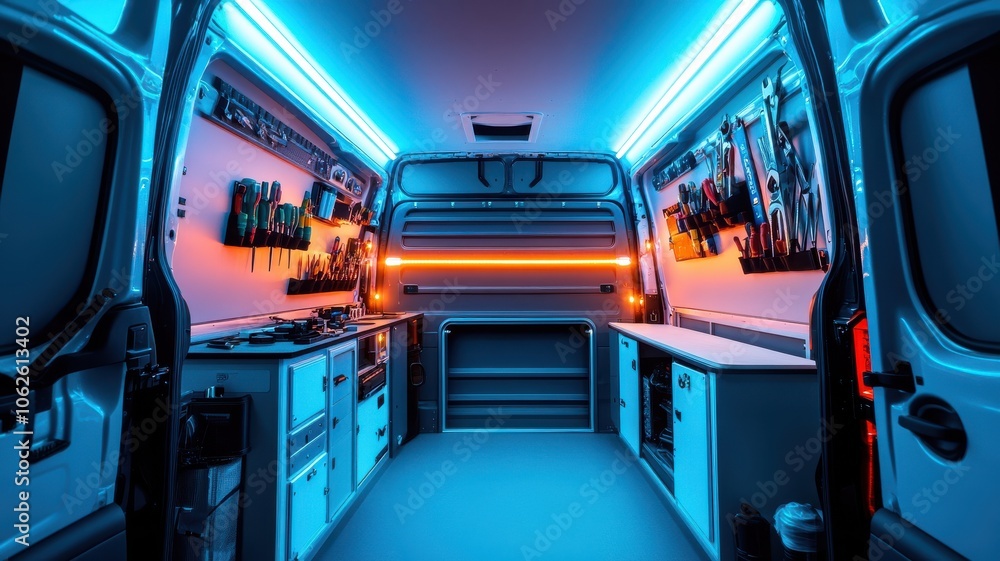 An illuminated interior of a modern van, showcasing organized tools and a sleek design with vibrant lighting. An illuminated interior of a modern van, showcasing organized tools and a sleek design with vibrant lighting.