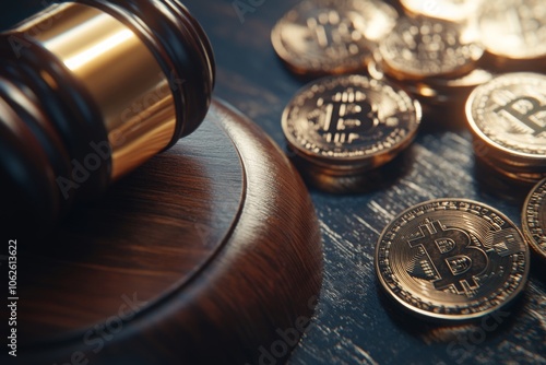 Close-Up of Gavel and Bitcoin Coins on Table