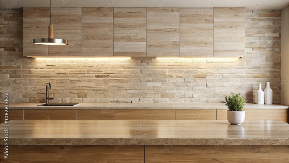 Wide-Angle Minimalist kitchen background in spring or summer warm sand tones Light wood tabletop and stone wall Wide-Angle Minimalist kitchen background in spring or summer warm sand tones Light wood tabletop and stone wall
