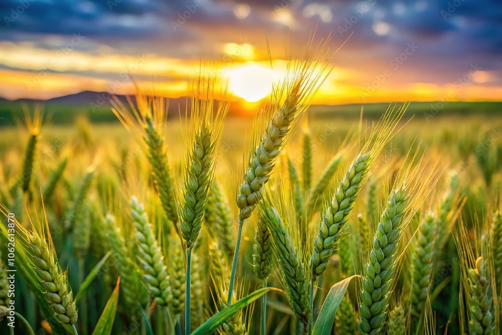 Summer's golden light on a green wheat field, bokeh effect. Summer's golden light on a green wheat field, bokeh effect.