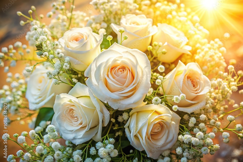 Sunlight Bouquet: White Roses & Baby's Breath Close-Up Aerial Sunlight Bouquet: White Roses & Baby's Breath Close-Up Aerial