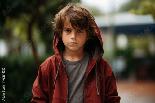 Portrait of a boy in a red raincoat on the street