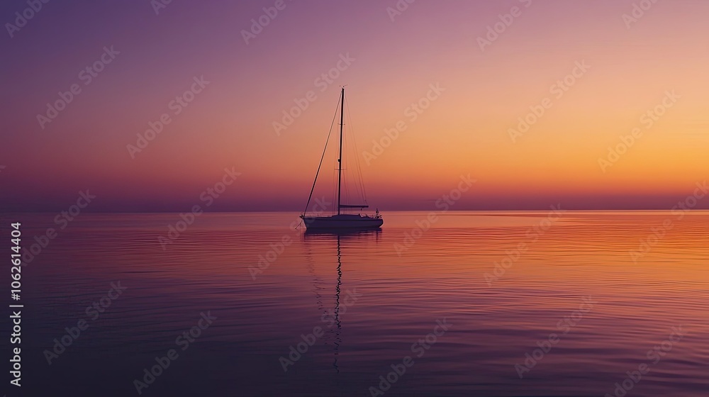 A lone sailboat on a calm sea at sunset, with soft orange and purple hues in the sky. A lone sailboat on a calm sea at sunset, with soft orange and purple hues in the sky.