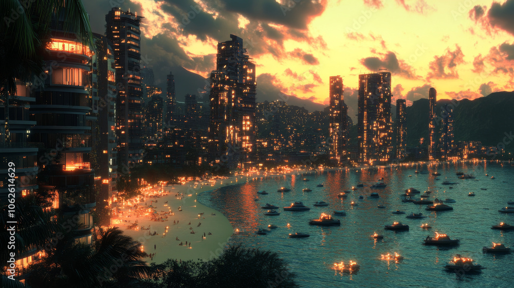 Futuristic Cityscape Beach Sunset: 3D Rendering Futuristic Cityscape Beach Sunset: 3D Rendering
