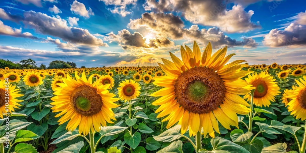 Obraz premium Panoramic View of Vibrant Heliantuses in Bloom, Close-Up of Sunflower Field, Nature Beauty, Floral Photography, Summer Landscape, Colorful Flowers, Outdoor Scenery, Rural Charm