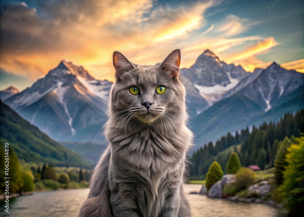 Portrait of a Grey Cat in Majestic Mountains, Long Exposure Photography, Serene Landscape, Feline Beauty, Nature, Animal Portrait, Mountain Scenery, Soft Focus Effect Portrait of a Grey Cat in Majestic Mountains, Long Exposure Photography, Serene Landscape, Feline Beauty, Nature, Animal Portrait, Mountain Scenery, Soft Focus Effect