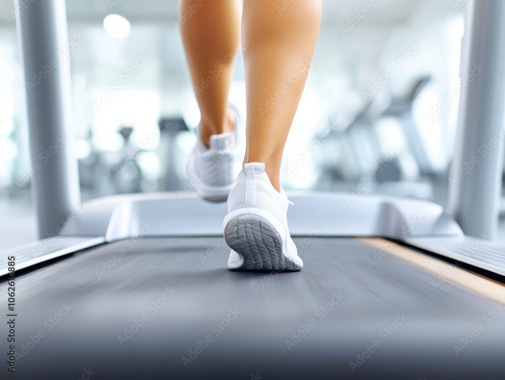 Close-up of a person's feet on a treadmill, highlighting fitness and exercise routines in a modern gym environment. Close-up of a person's feet on a treadmill, highlighting fitness and exercise routines in a modern gym environment.