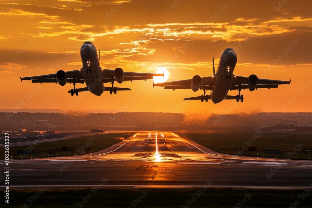 Naklejka premium Two Jets Soaring Against a Dramatic Sunset