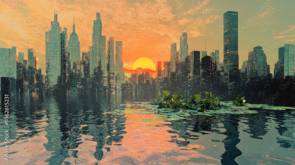 Fototapeta premium Sunset Cityscape Reflection Over Water