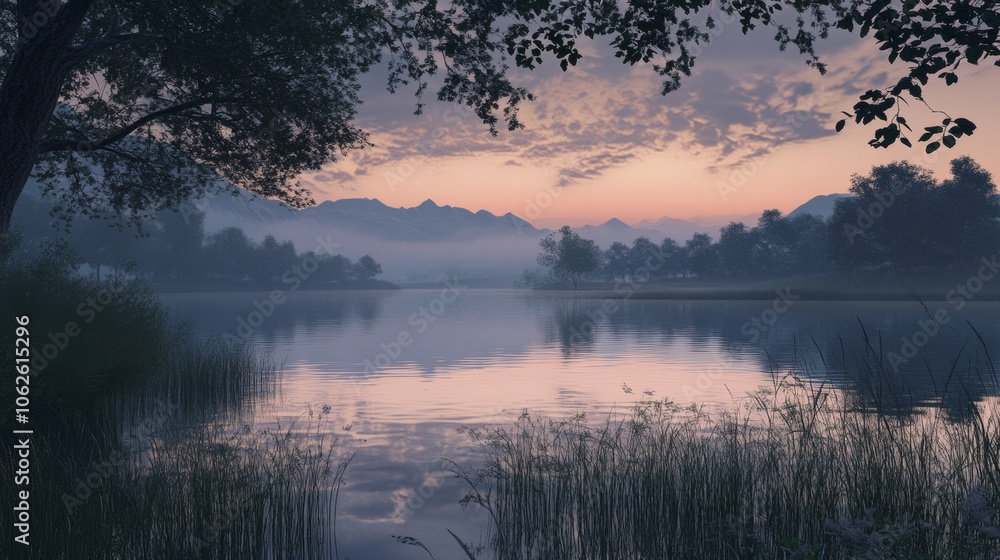 Obraz premium Serene Sunset Lake: Misty Mountains, Tranquil Waters, 3D Render