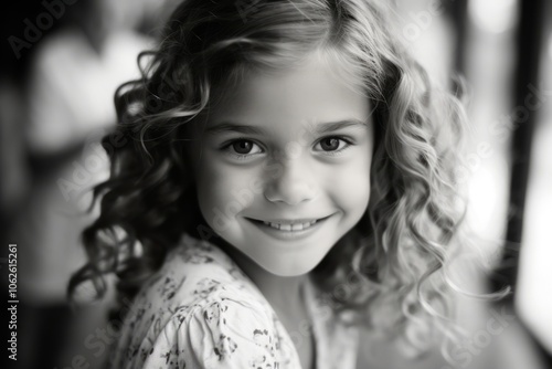 Portrait of a beautiful little girl with curly hair. Black and white.