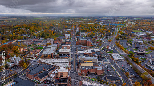 Tableau sur toile Aerial photo of the fall foliage surrounding the City of Auburn, Cayuga County, New York State, November 2024