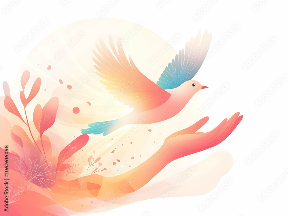 Obraz premium Flat Abstract Illustration of Person Releasing Bird with Soft Light Beams and Pastel Colors, Symbolizing Freedom, Care, and Human-Animal Bond in Ethereal Atmosphere