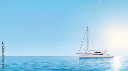 serene wind powered ferry boat gliding on calm waters under bright sun, simple line art vector illustration, 