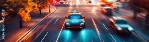 Dynamic scene of a taxi moving through a vibrant city street, illuminated by colorful lights and surrounded by blurred traffic.