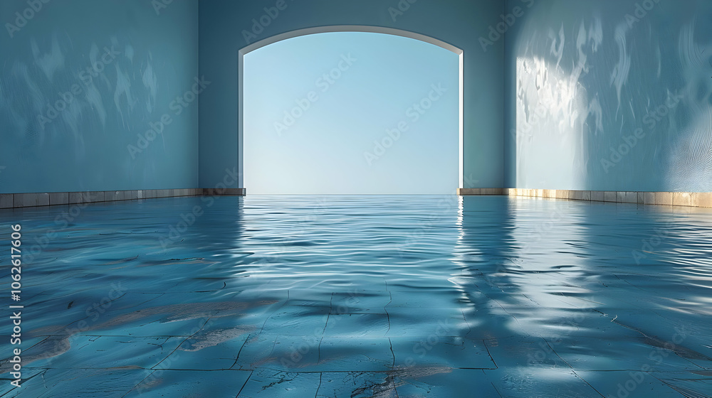Water Ripples on Blue Tile Floor with Arched Window Water Ripples on Blue Tile Floor with Arched Window